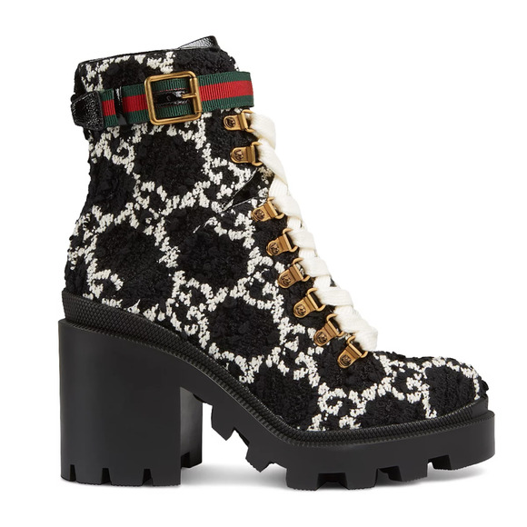 Gucci Black White GG Logo Tweed Lace Up Tie Block Heel Lug Sole Combat Boot 36.5 - Picture 1 of 16